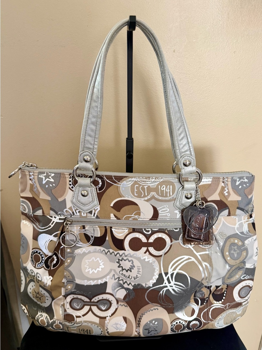 Coach Multicolor Abstract Print Tote with Silver Handles